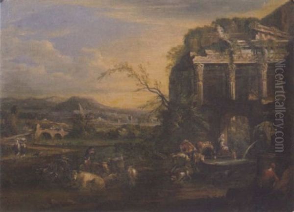 An Italianate Landscape With Horsemen At A Fountain, With A Drover And Cattle Resting Before A Ruined Arch Oil Painting by Michiel Carree