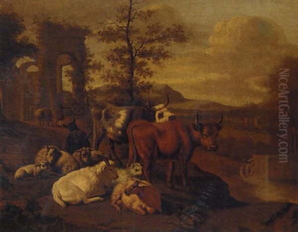 Cattle, Goats And Figures With A Donkey By Classical Ruins Oil Painting by Michiel Carree