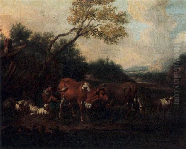 A Couple Sitting Under A Tree With Their Cattle Oil Painting by Michiel Carree