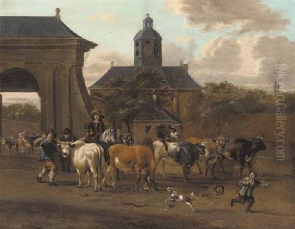 Drovers With Cattle Before An Archway Leading To A Mansion Oil Painting by Michiel Carree