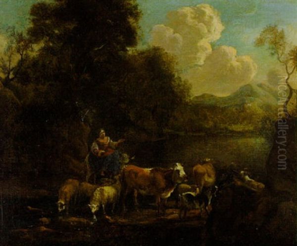 Hirtin Auf Einem Maultier Mit Einer Viehherde Am Flussufer Oil Painting by Michiel Carree