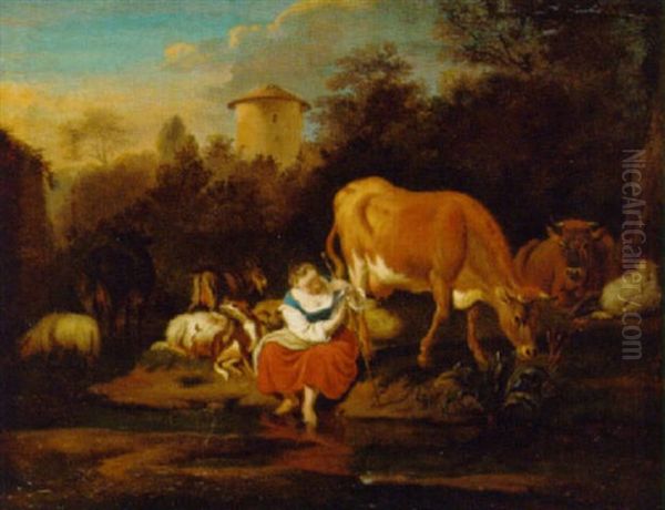 A Drover With Cattle, Goats And A Dog Resting By A Stream Oil Painting by Michiel Carree