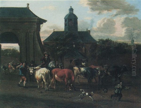 Herdsmen Driving Their Cattle Before The Entrance To A Town, A Civic Building Beyond Oil Painting by Michiel Carree