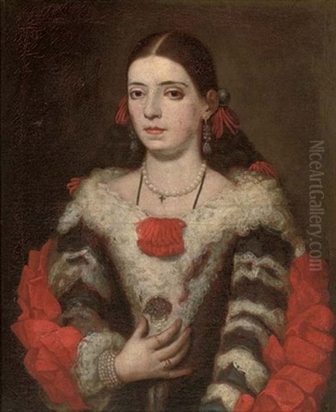 Portrait Of A Lady In A Blue And White Dress With Red Trimmings Oil Painting by Juan Carreno De Miranda