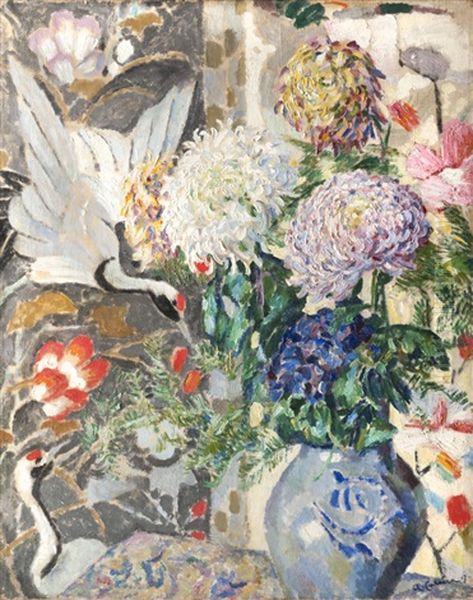 Nature Morte Aux Pivoines Et Decor Aux Grues Du Japon Oil Painting by Augustin Carrera