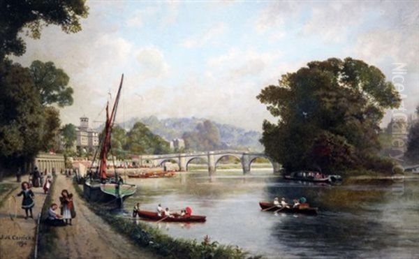 View Of Kew Bridge With Children On The Bank Oil Painting by John Mulcaster Carrick