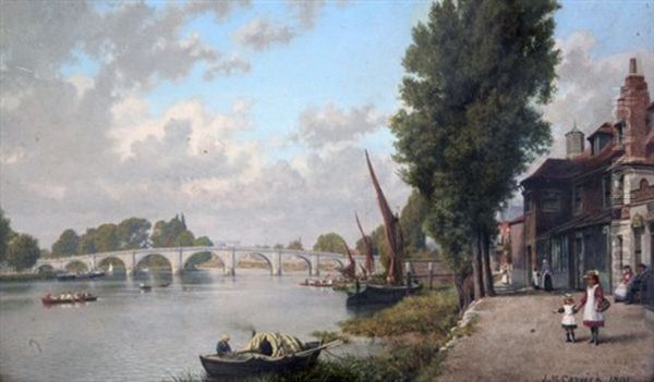 View Of Richmond Bridge With Figures And Shops Along The Bank Oil Painting by John Mulcaster Carrick