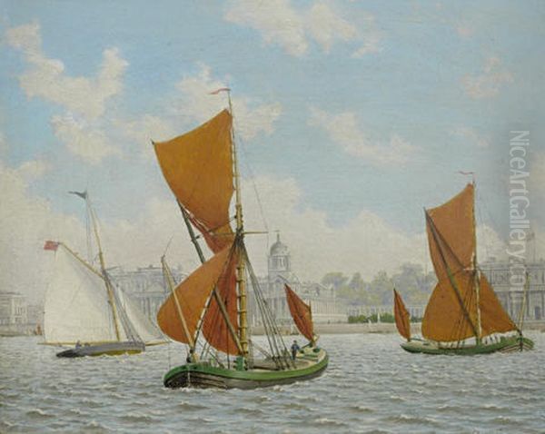 Barges On The Thames (+ Off Greenwich; Pair) Oil Painting by John Mulcaster Carrick