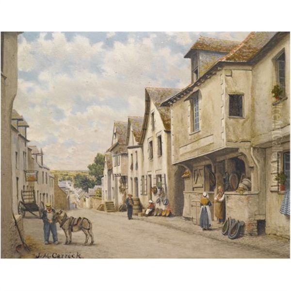 Street In Josselin, Morbihan, Brittany (+ Old House In Market Place, Lannion, Brittany; 2 Works) Oil Painting by John Mulcaster Carrick