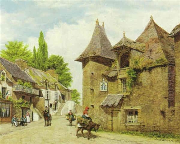 A View Of The Old House At Dol, Brittany With Figures On The Road In The Foreground Oil Painting by John Mulcaster Carrick