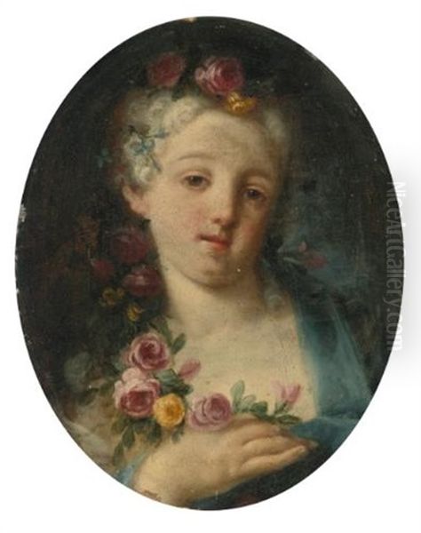 Portrait Of A Girl Holding Flowers Oil Painting by Rosalba Carriera