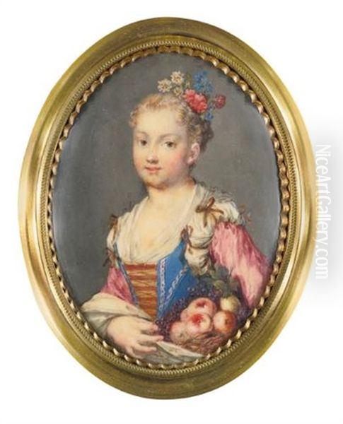 Portrait Of A Young Lady, Half-length, Holding A Basket Of Fruit And With Flowers Adorning Her Hair Oil Painting by Rosalba Carriera