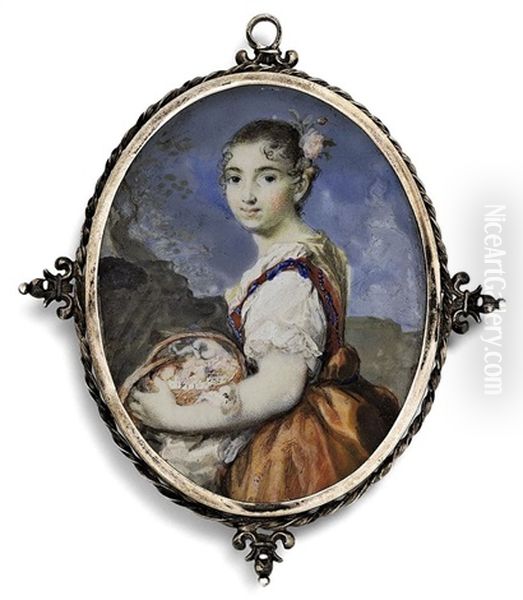 A Fine Portrait Of A Young Lady With A Fruit Basket, In Burnt Orange Dress With Red And Blue Strap, White Underdress, Flowers Decorating Her Hair Oil Painting by Rosalba Carriera