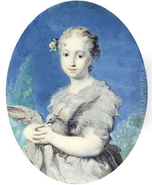 Self Portrait As Innocence, Holding A Dove In Her Arms, Grey Dress With Red Lined Grey Stole, White Flower And Foliage In Her Swept Back, Fair, Curling Hair Oil Painting by Rosalba Carriera