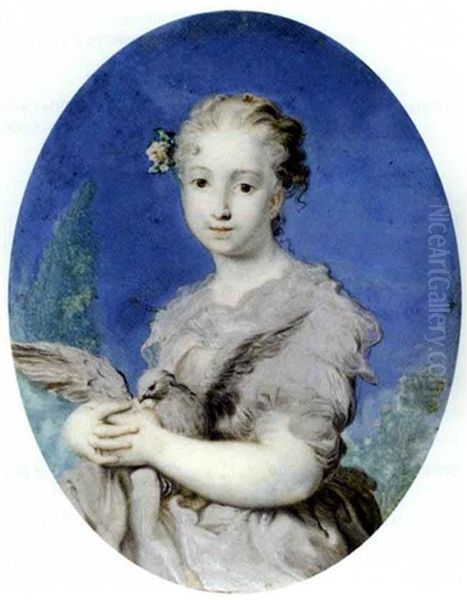 A Young Lady Dressed As Innocence, Holding A Dove In Her Arms, Grey Dress With Red Lined Grey Stole, White Flower And Foliage In Her Powdered Curling Hair Oil Painting by Rosalba Carriera