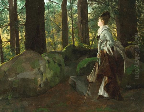 A Walk In The Woods Oil Painting by Louis Robert Carrier-Belleuse