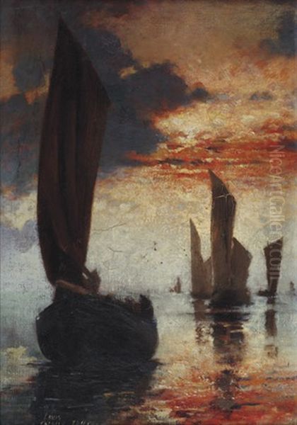 Bateaux Le Soir Au Soleil Couchant Oil Painting by Louis Robert Carrier-Belleuse