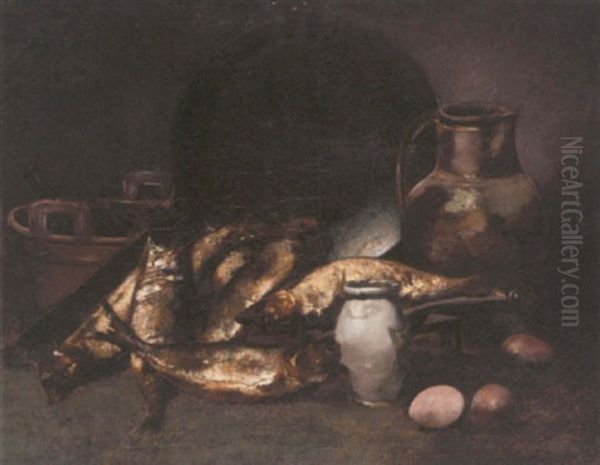 Fish, Eggs And Kitchen Implements On A Ledge Oil Painting by Louis Robert Carrier-Belleuse