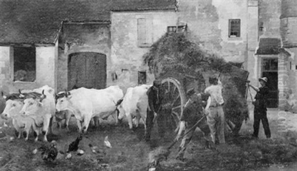 Cour De Ferme, Attelage De Boeufs Oil Painting by Louis Robert Carrier-Belleuse