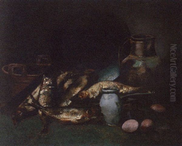 Mackerel, Eggs, A Water Jug, And A Pestle And Mortar On A Table Oil Painting by Louis Robert Carrier-Belleuse