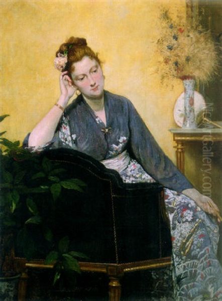 Pensive Woman In A Kimono Oil Painting by Louis Robert Carrier-Belleuse