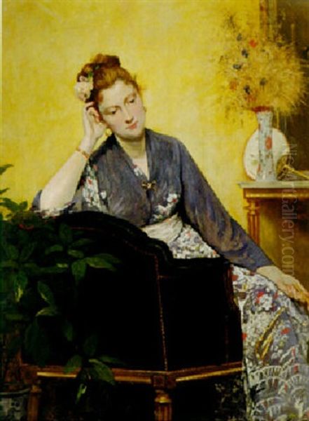 Pensive Woman In A Kimono Oil Painting by Louis Robert Carrier-Belleuse