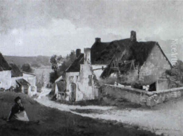 Village Scene With Lady Seated In Meadow Oil Painting by Louis Robert Carrier-Belleuse