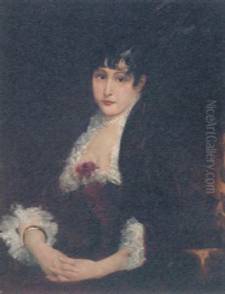 Portrait Of A Lady Wearing A Red Velvet Dress With A Lace Collar And A Rose Corsage Oil Painting by Pierre Carrier-Belleuse