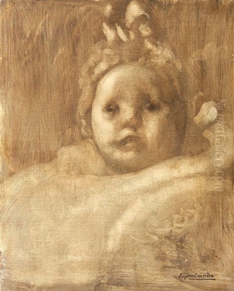 Portrait De Bebe Au Bonnet Oil Painting by Eugene Carriere