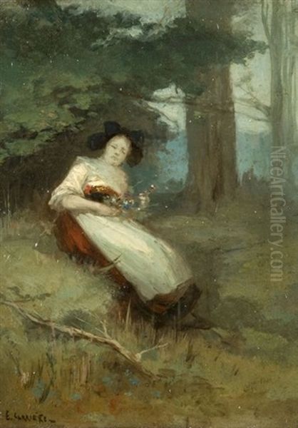 Jeune Alsacienne Assise Dans Un Sous-bois Oil Painting by Eugene Carriere