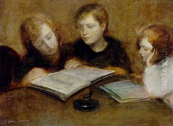 Trois Jeunes Filles En Train De Lire Oil Painting by Eugene Carriere