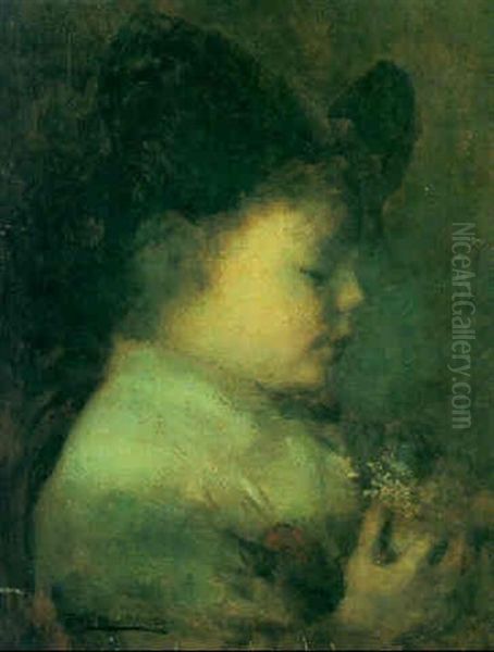 L'enfant Au Petit Bouquet De Fleurs Oil Painting by Eugene Carriere