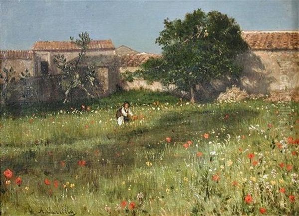 A Wildflower Meadow, Italy (+ An Italian Hill Path; Pair) Oil Painting by Achille Carrillo