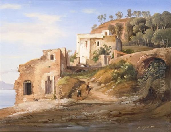 Veduta Costiera Con Caseggiati Ed Astanti Nei Pressi Di Sorrento Oil Painting by Achille Carrillo