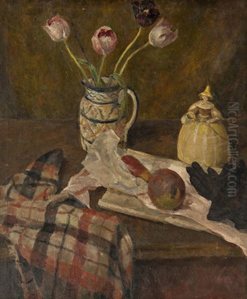 Still Life With Tulips In A Jug And A Portrait (verso) Oil Painting by Dora Carrington