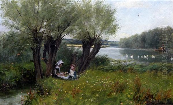 River Landscape With Children Seated On The Riverbank Oil Painting by James Yates Carrington