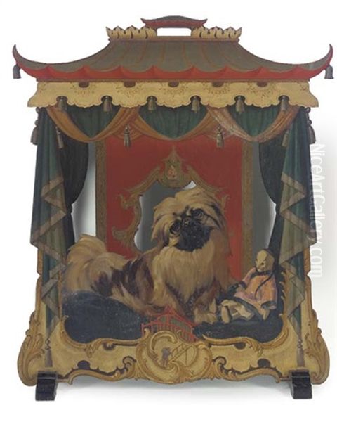 A Chinoiserie Fire Screen With A Pekingese Oil Painting by A. Duncan Carse