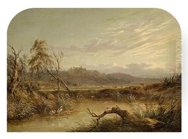 Swampy Landscape With Birds And Cattle Oil Painting by James Howe Carse