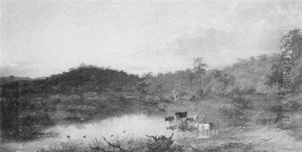 Cattle Watering, Evening Oil Painting by James Howe Carse