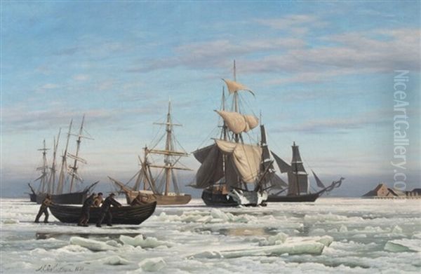 Numerous Ships Stuck In The Ice Oil Painting by Andreas Christian Riis Carstensen