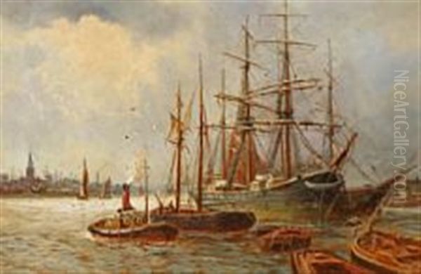 Harbour Scene With Anchoring Ships Oil Painting by Andreas Christian Riis Carstensen