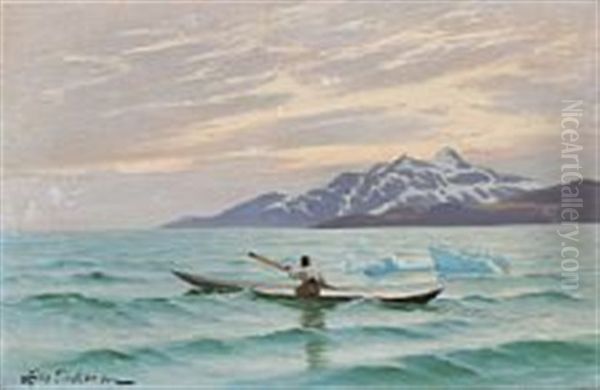 View From Greenland With A Man In A Kayak Oil Painting by Andreas Christian Riis Carstensen