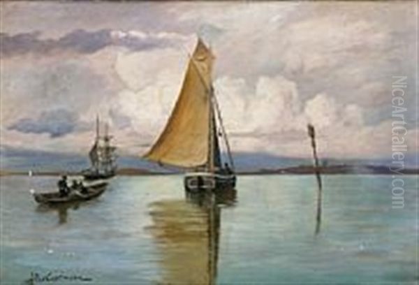 A Cloudy Day With Ships At Sea Oil Painting by Andreas Christian Riis Carstensen