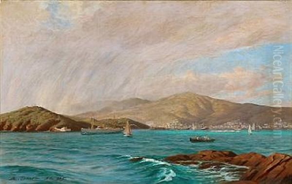 View Towards Sct. Thomas Harbour Oil Painting by Andreas Christian Riis Carstensen