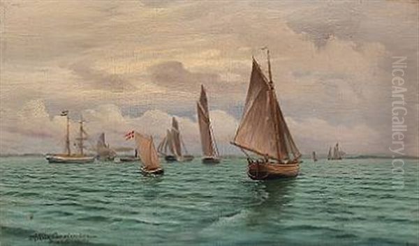 Seascape With Sailing Ships Oil Painting by Andreas Christian Riis Carstensen