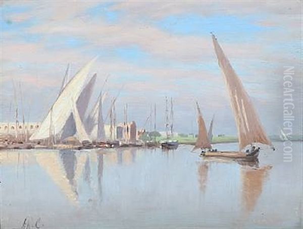 Fishing Boats On The Nile Oil Painting by Andreas Christian Riis Carstensen