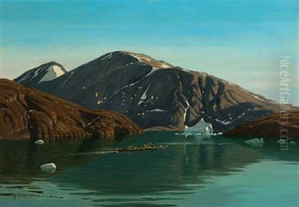 View Of A Greenlandic Fiord With Trappers In Their Kayaks Oil Painting by Andreas Christian Riis Carstensen