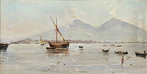 Coastal Scenery From South Europe, In The Background Two Volcanoes Oil Painting by Andreas Christian Riis Carstensen