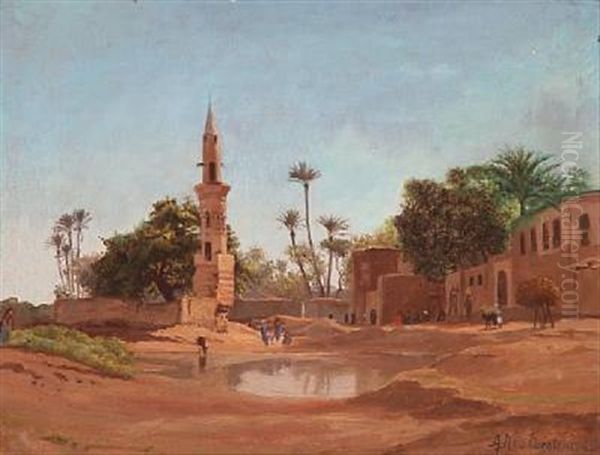 Scene From A North African Village With A Minaret Oil Painting by Andreas Christian Riis Carstensen