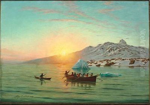 Summer Day In Greenland With An Umiak In A Fiord Oil Painting by Andreas Christian Riis Carstensen